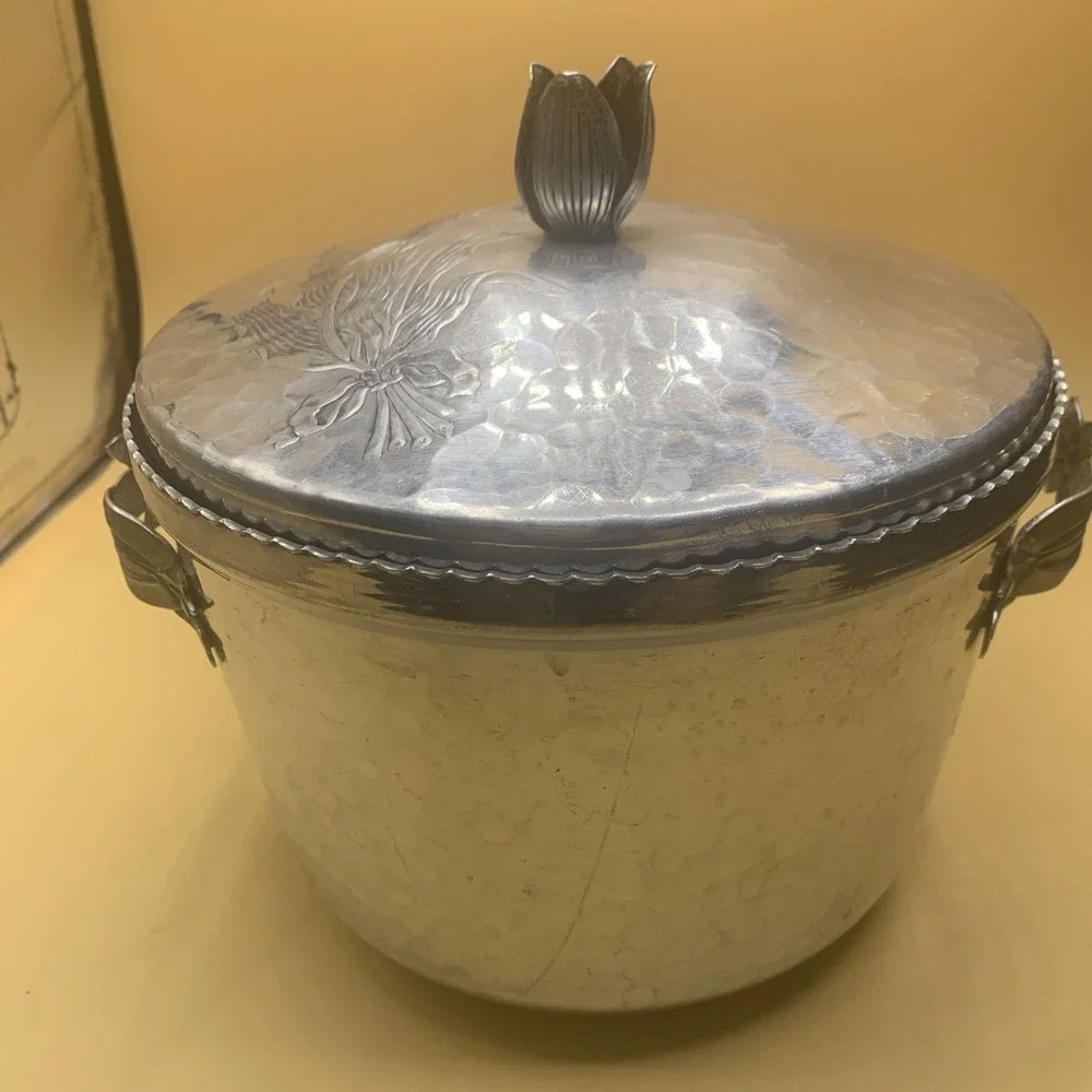 Vintage Hammered Aluminum Silver MCM Tulips Floral Double Walled Ice Bucket